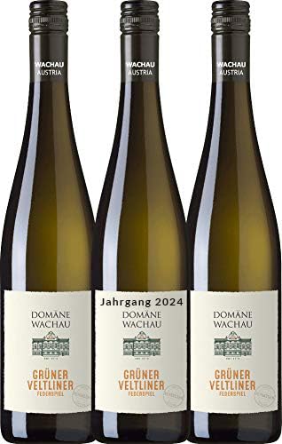 VINELLO 3er Weinpaket Weißwein - Grüner Veltliner Federspiel Terrassen 2021 - Domäne Wachau mit einem VINELLO.weinausgießer | 3 x 0,75 Liter