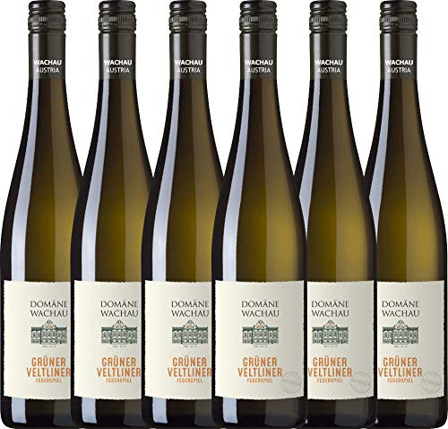 VINELLO 6er Weinpaket Weißwein - Grüner Veltliner Federspiel Terrassen 2021 - Domäne Wachau mit einem VINELLO.weinausgießer | 6 x 0,75 Liter