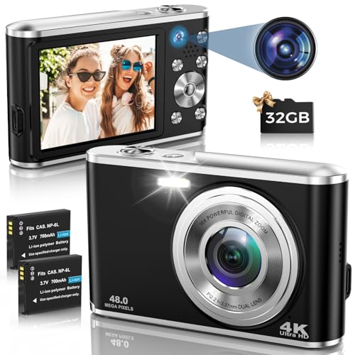 Digitalkamera, AutoFocus 4K Kompaktkamera Fotokamera mit Dual-Kamera mit 32GB Speicherkarte HD 48MP 16X Digitalzoom 2,8